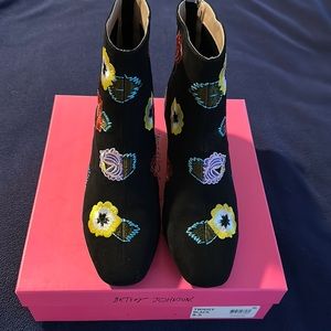 Betsy Johnson Floral Embroidered Twiggy Faux Suede Ankle Booties. Never Worn.